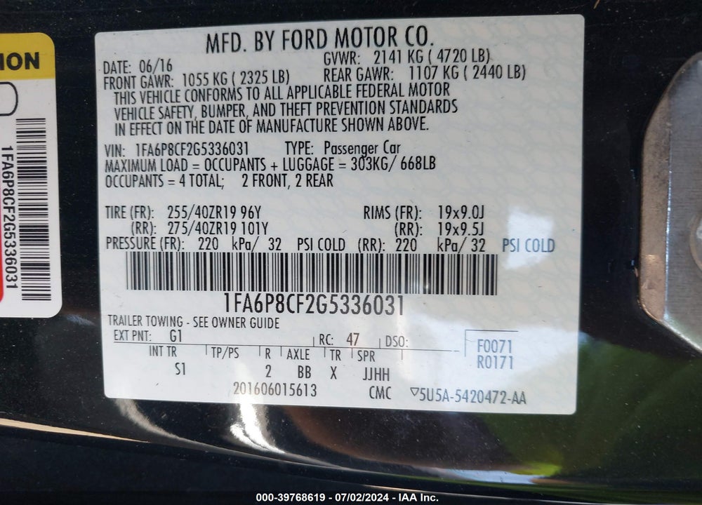 2016 FORD MUSTANG GT PREMIUM VIN: 1FA6P8CF2G5336031