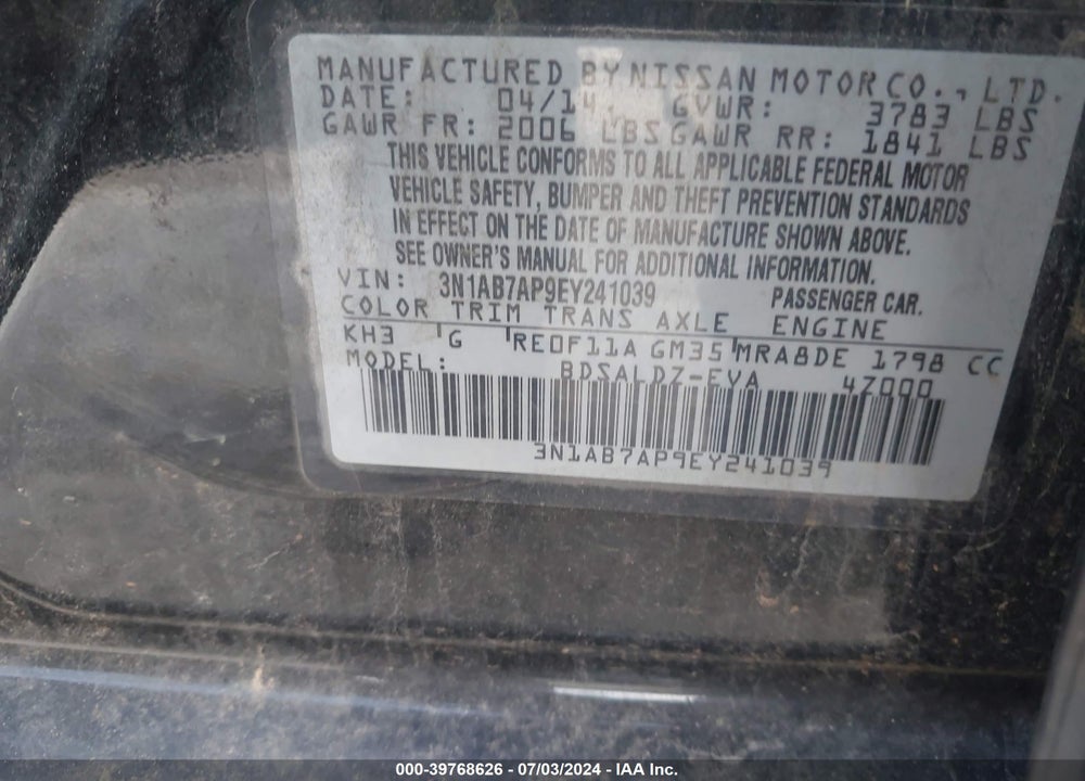2014 NISSAN SENTRA FE+ S/FE+ SV/S/SL/SR/SV VIN: 3N1AB7AP9EY241039