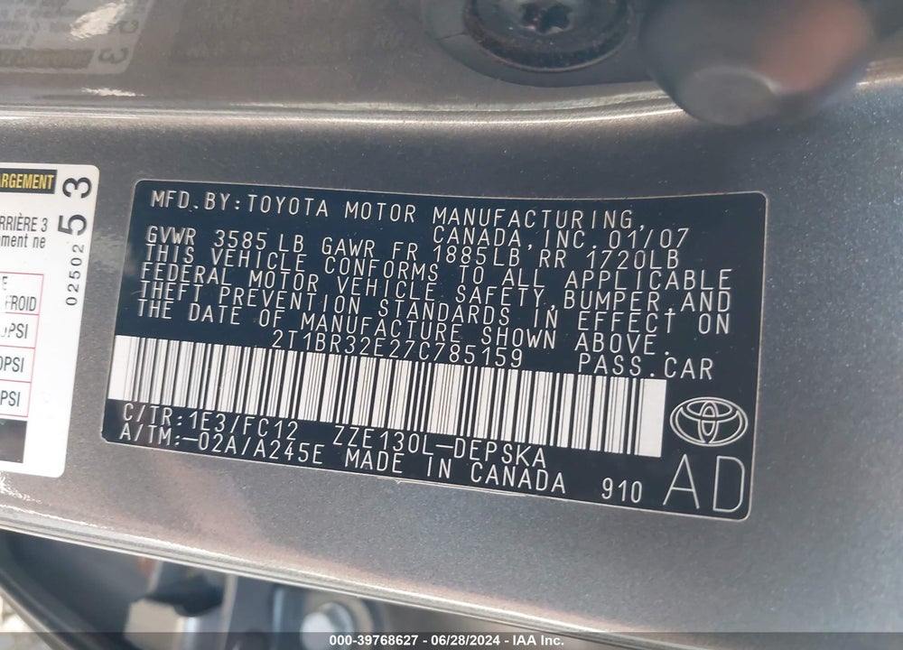 2007 TOYOTA COROLLA S VIN: 2T1BR32E27C785159