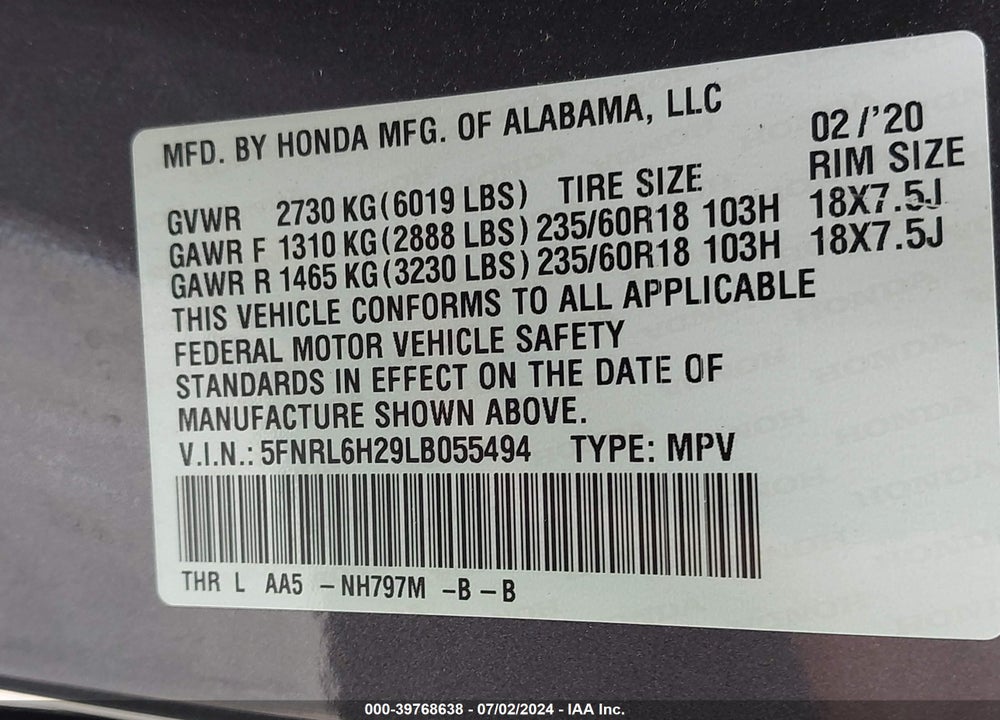 2020 HONDA ODYSSEY LX VIN: 5FNRL6H29LB055494