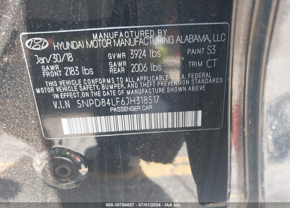 2018 HYUNDAI ELANTRA SEL VIN: 5NPD84LF6JH318517