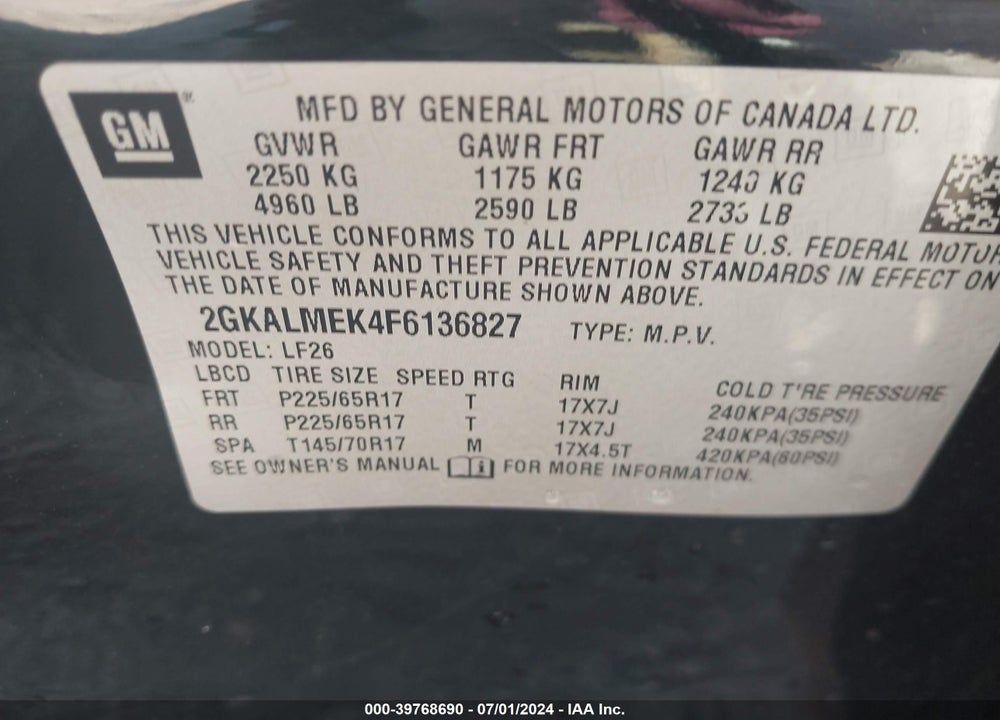 2015 GMC TERRAIN VIN: 2GKALMEK4F6136827