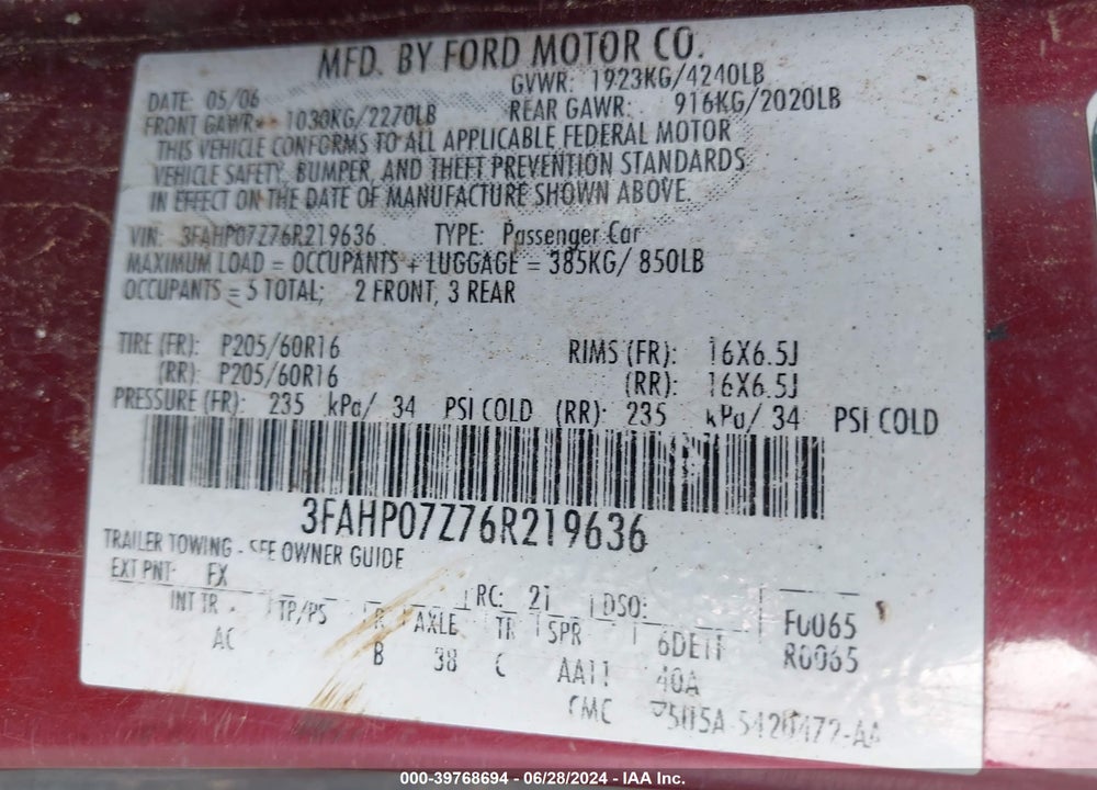 2006 FORD FUSION VIN: 3FAHP07Z76R219636