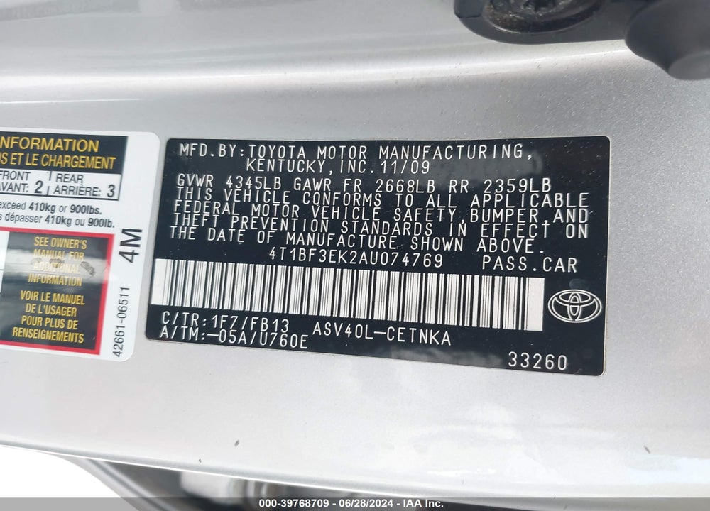 2010 TOYOTA CAMRY LE VIN: 4T1BF3EK2AU074769