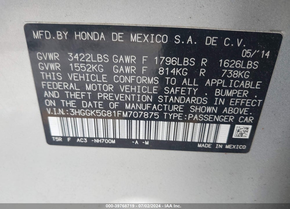 2015 HONDA FIT EX VIN: 3HGGK5G81FM707875