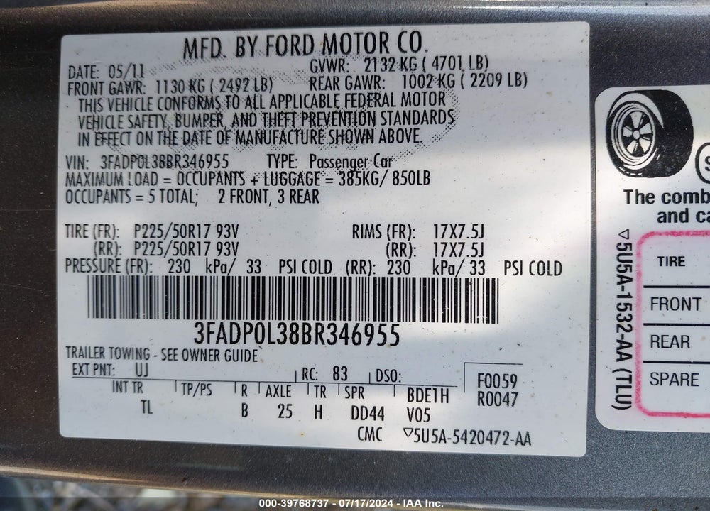 2011 FORD FUSION HYBRID VIN: 3FADP0L38BR346955