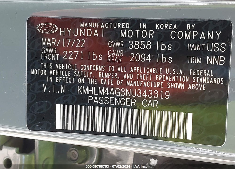2022 HYUNDAI ELANTRA SEL VIN: KMHLM4AG3NU343319
