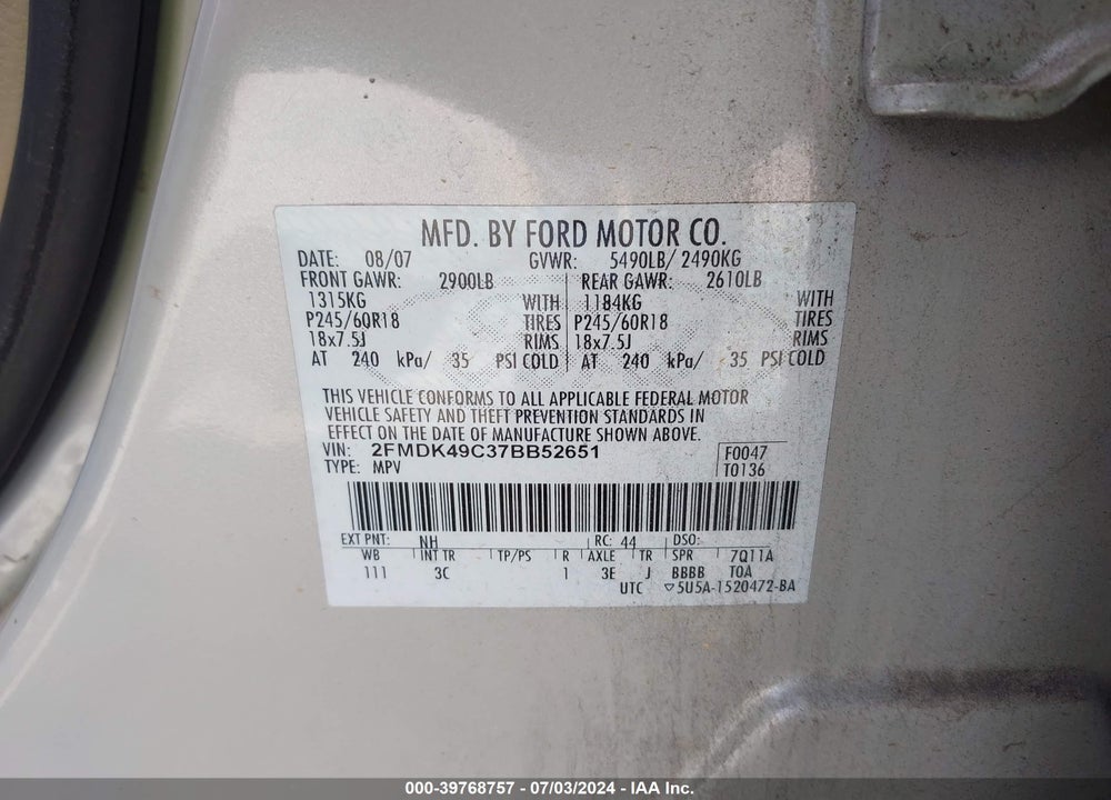 2007 FORD EDGE SEL PLUS VIN: 2FMDK49C37BB52651