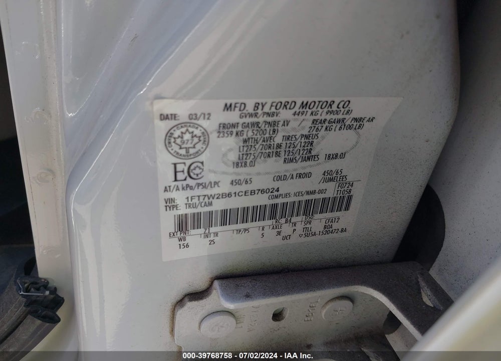 2012 FORD F-250 XLT VIN: 1FT7W2B61CEB76024