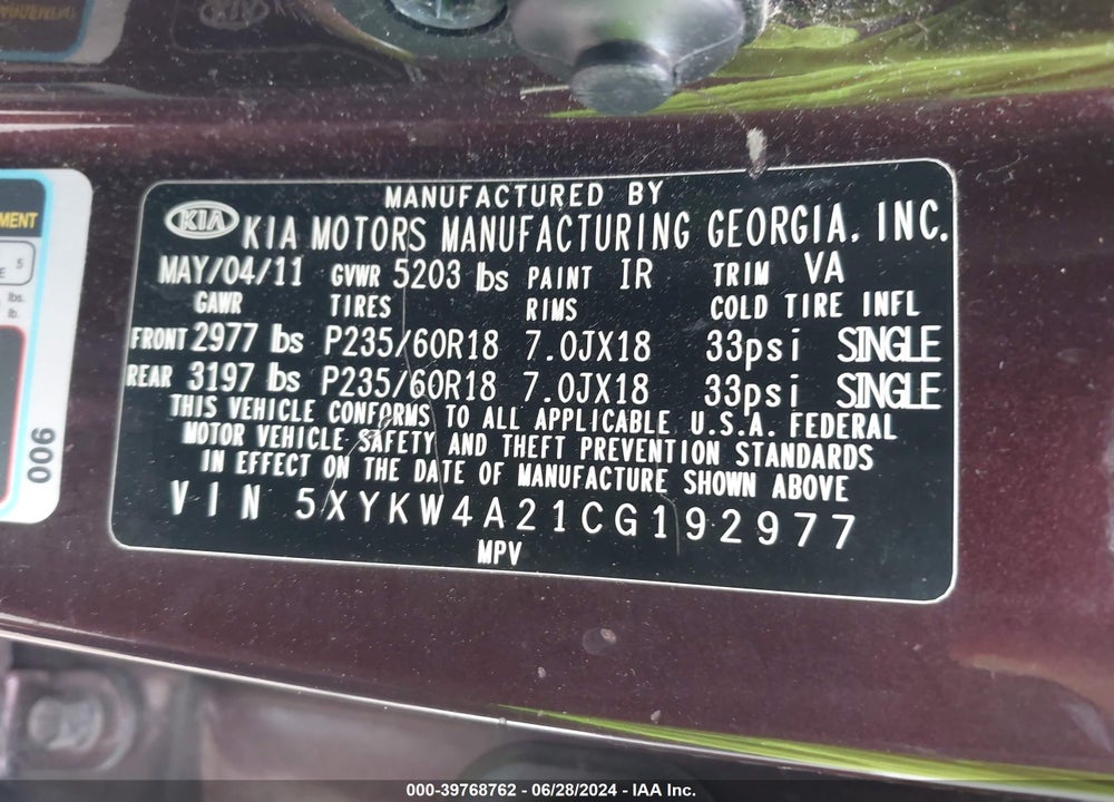 2012 KIA SORENTO SX V6 VIN: 5XYKW4A21CG192977