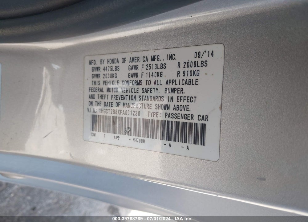 2015 HONDA ACCORD EX-L V-6 VIN: 1HGCT2B8XFA001230