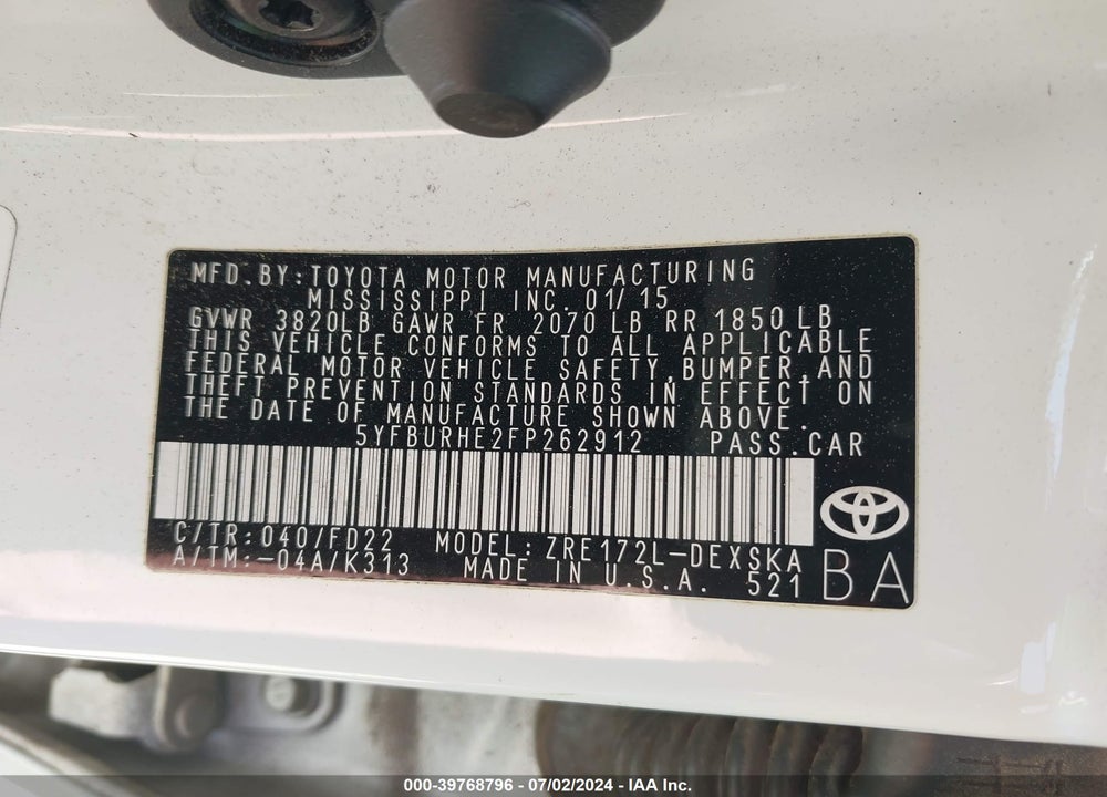 2015 TOYOTA COROLLA S PLUS VIN: 5YFBURHE2FP262912