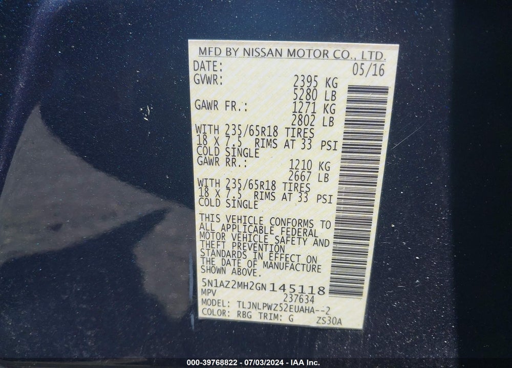 2016 NISSAN MURANO S VIN: 5N1AZ2MH2GN145118