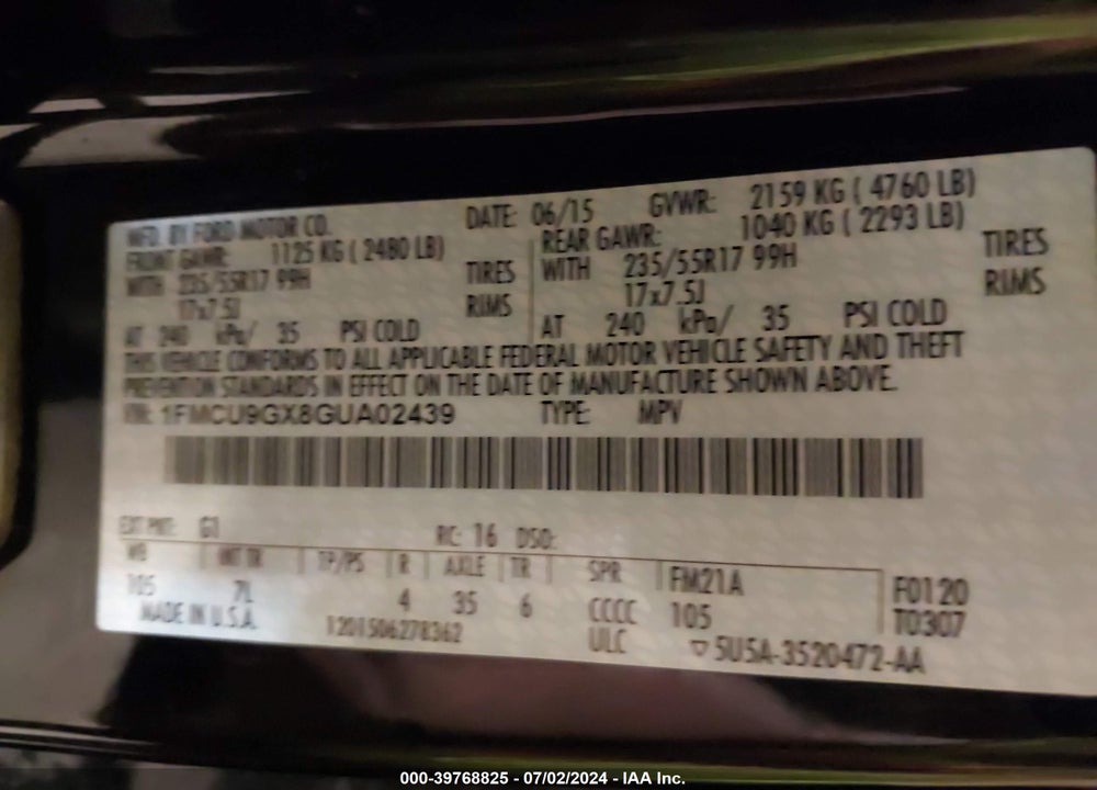 2016 FORD ESCAPE SE VIN: 1FMCU9GX8GUA02439