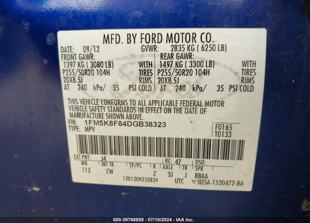 2013 FORD EXPLORER LIMITED VIN: 1FM5K8F84DGB38323