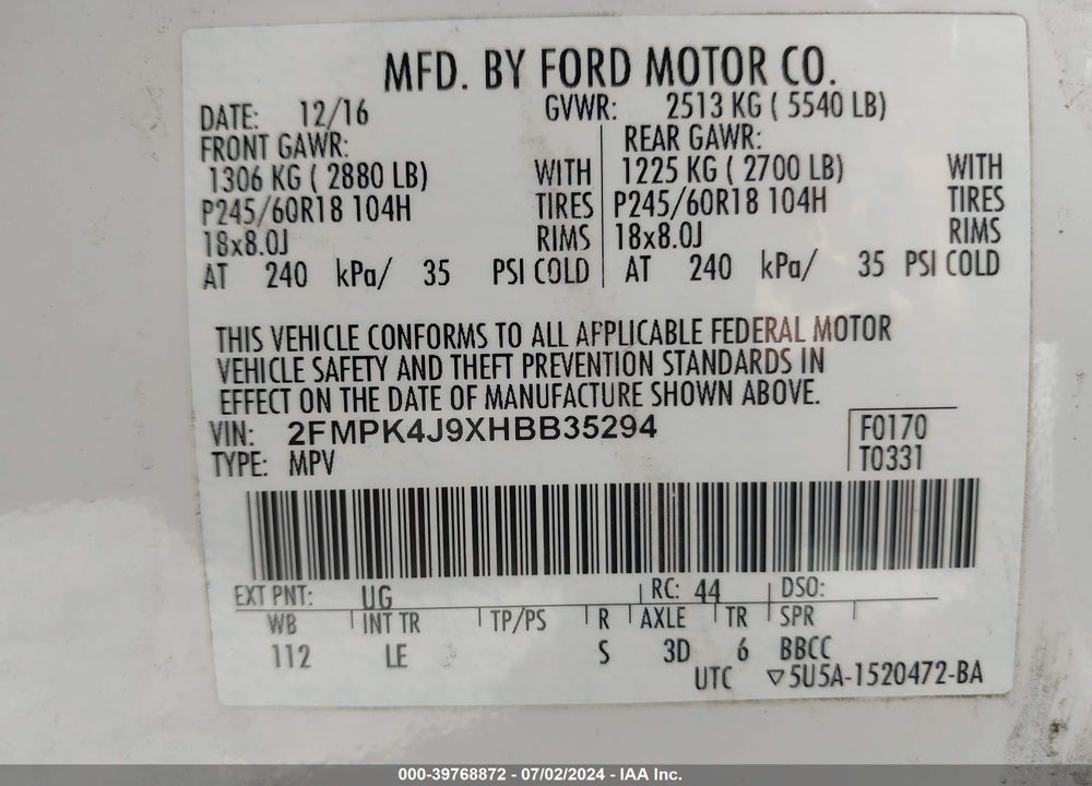2017 FORD EDGE SEL VIN: 2FMPK4J9XHBB35294