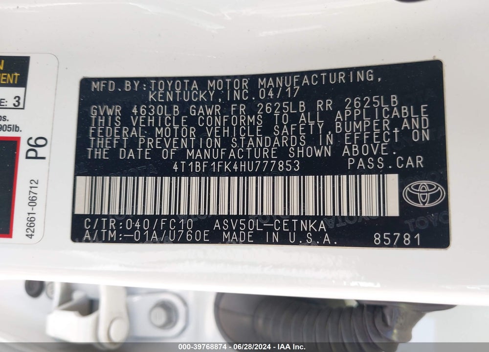 2017 TOYOTA CAMRY LE VIN: 4T1BF1FK4HU777853