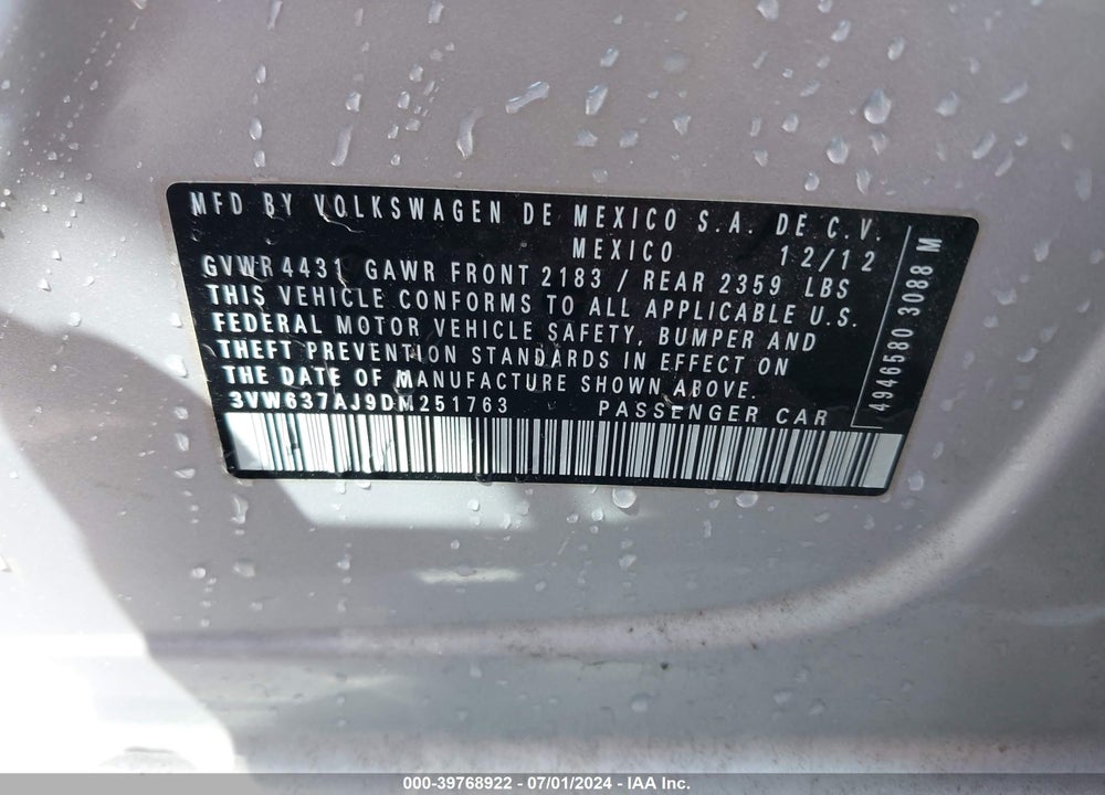 2013 VOLKSWAGEN JETTA HYBRID SEL VIN: 3VW637AJ9DM251763