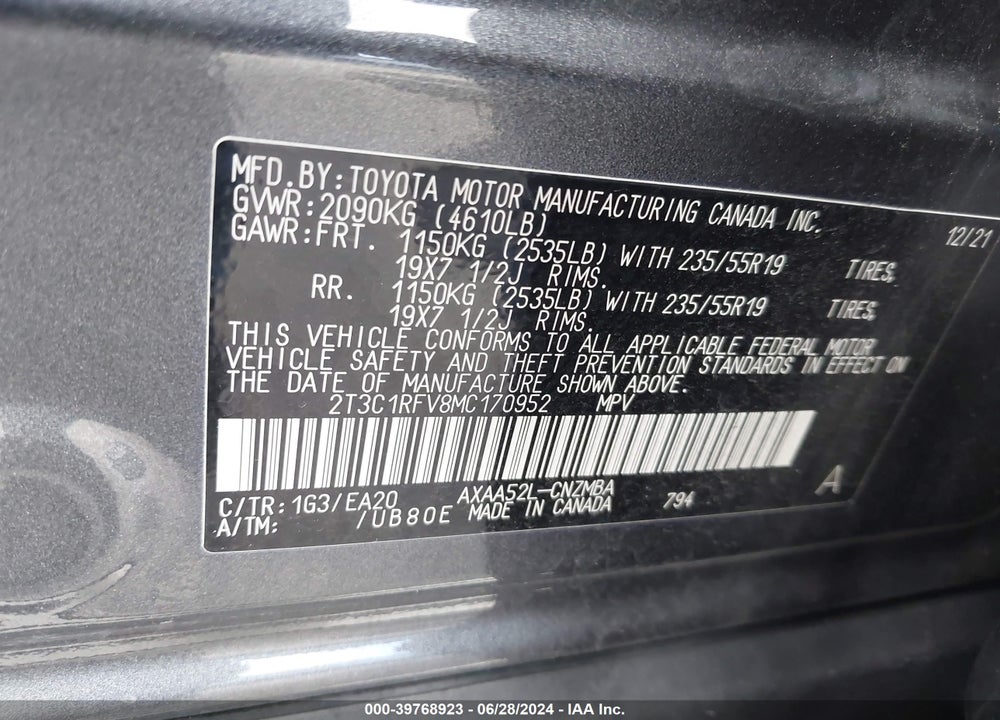 2021 TOYOTA RAV4 XLE PREMIUM VIN: 2T3C1RFV8MC170952