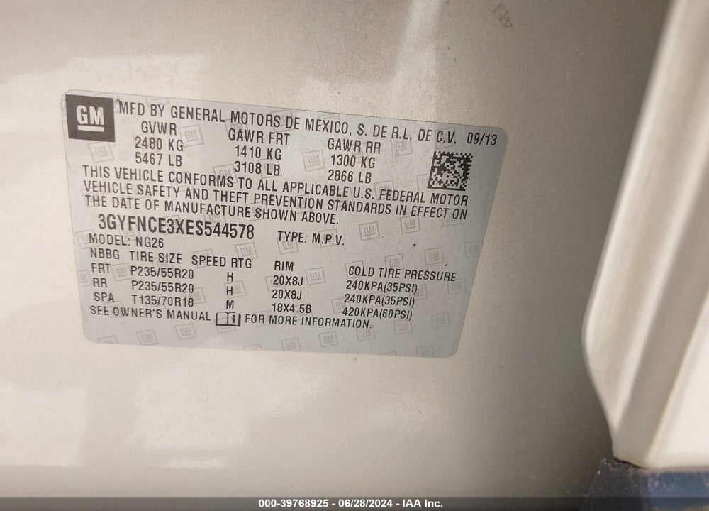 2014 CADILLAC SRX PERFORMANCE COLLECTION VIN: 3GYFNCE3XES544578