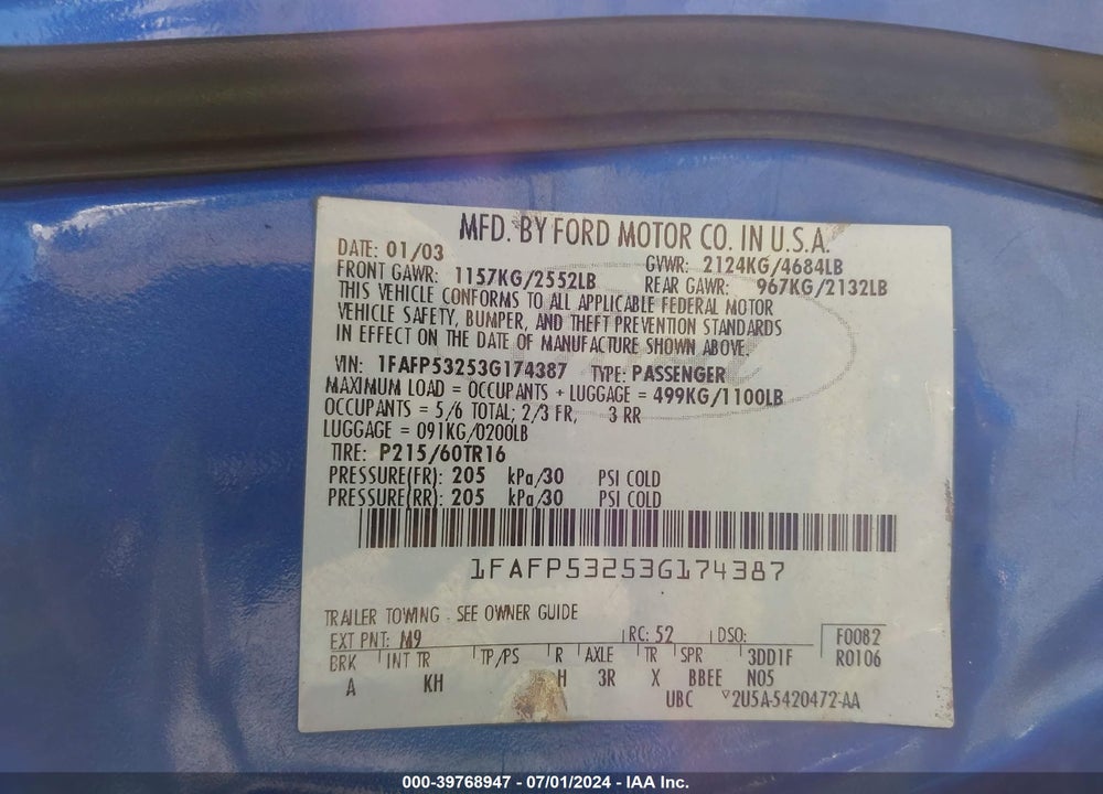 2003 FORD TAURUS SE VIN: 1FAFP53253G174387