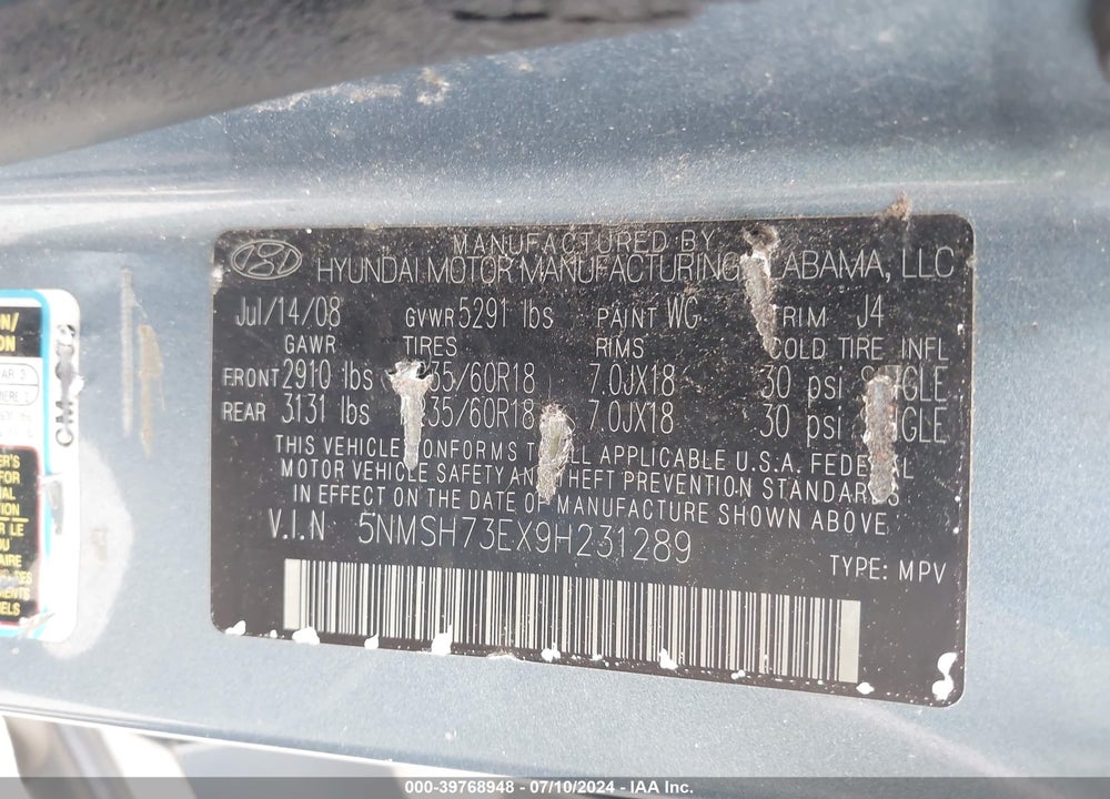 2009 HYUNDAI SANTA FE SE VIN: 5NMSH73EX9H231289