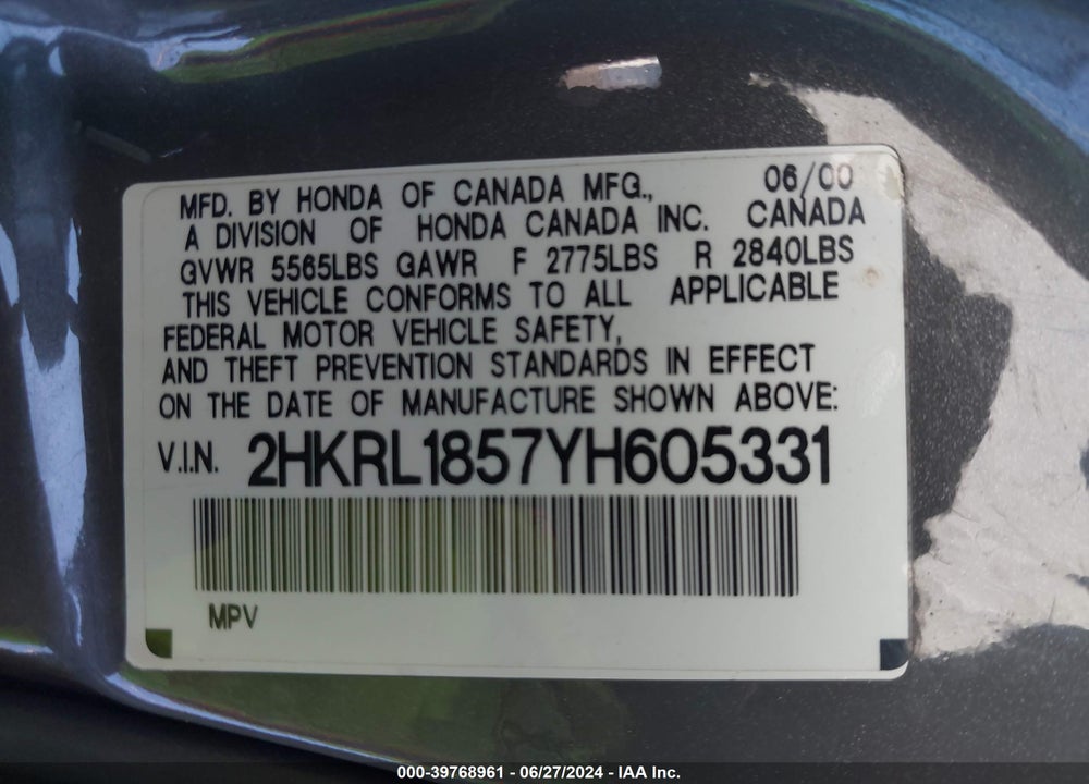2000 HONDA ODYSSEY LX VIN: 2HKRL1857YH605331