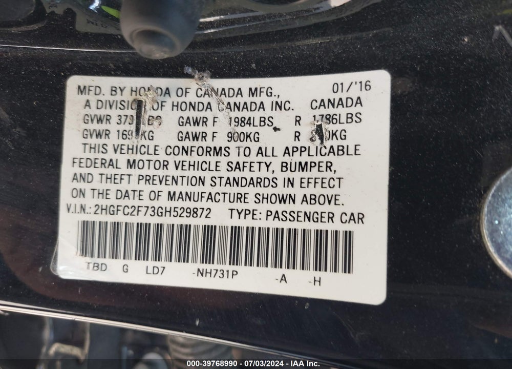2016 HONDA CIVIC EX VIN: 2HGFC2F73GH529872