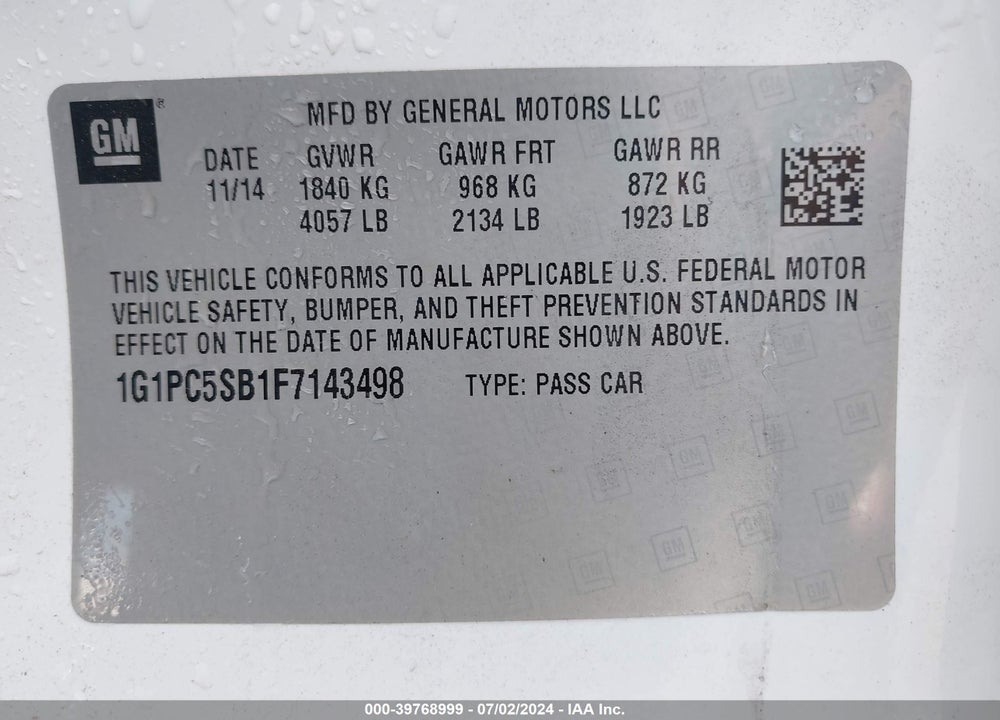 2015 CHEVROLET CRUZE 1LT AUTO VIN: 1G1PC5SB1F7143498