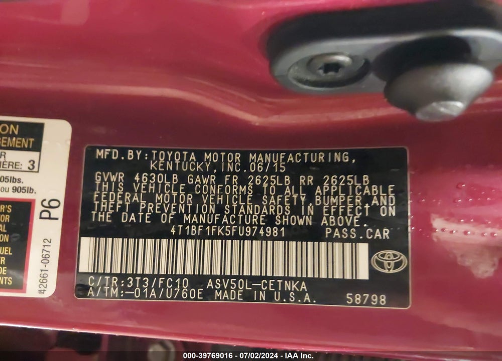 2015 TOYOTA CAMRY LE VIN: 4T1BF1FK5FU974981