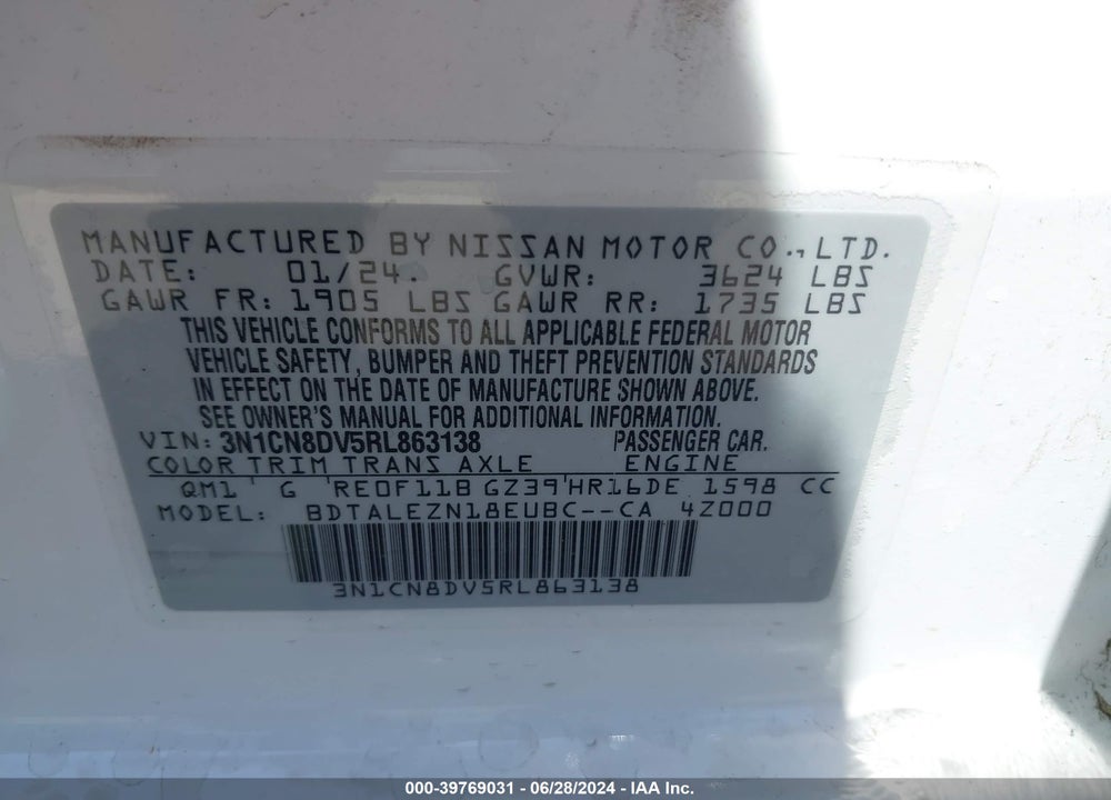 2024 NISSAN VERSA 1.6 S+ VIN: 3N1CN8DV5RL863138