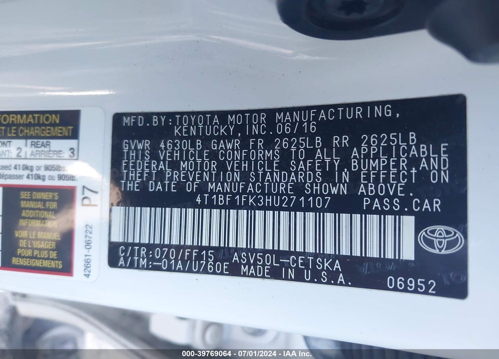 2017 TOYOTA CAMRY SE VIN: 4T1BF1FK3HU271107