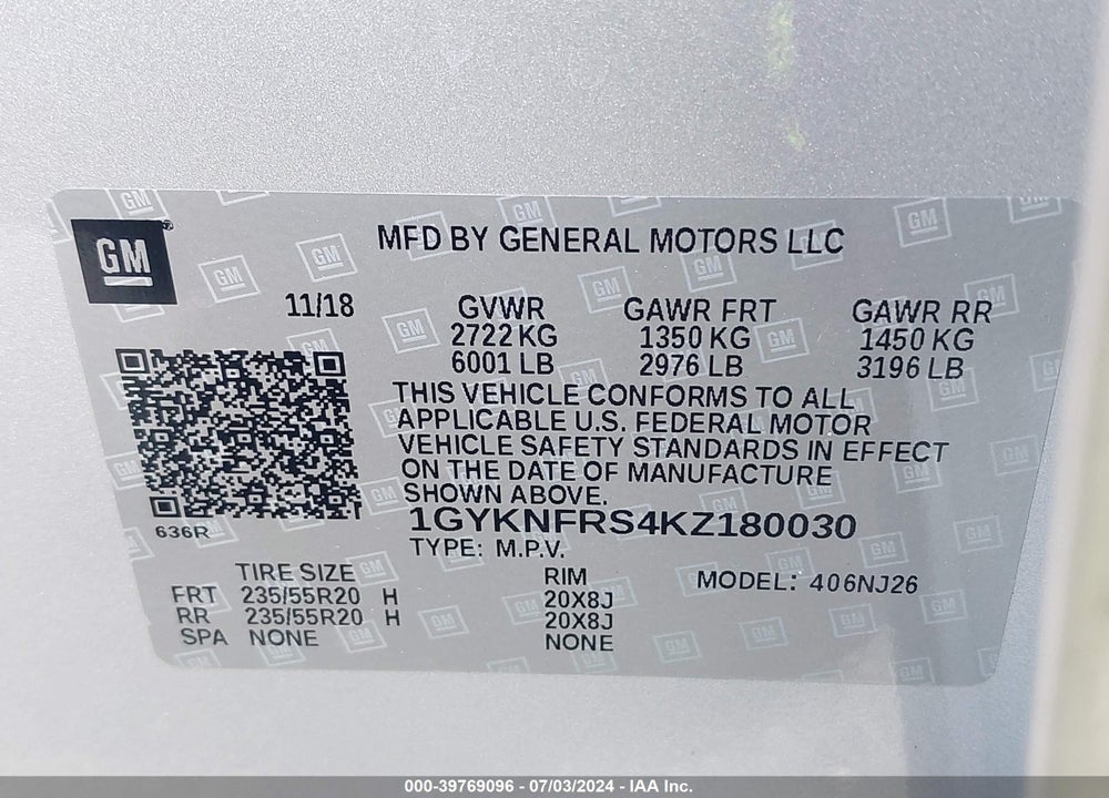 2019 CADILLAC XT5 PREMIUM LUXURY VIN: 1GYKNFRS4KZ180030
