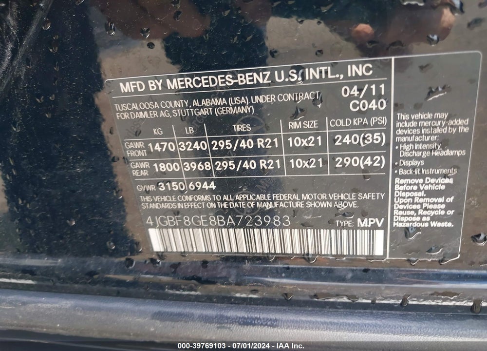 2011 MERCEDES-BENZ GL 550 4MATIC VIN: 4JGBF8GE8BA723983