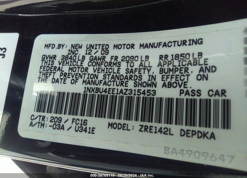 2010 TOYOTA COROLLA LE VIN: 1NXBU4EE1AZ315453