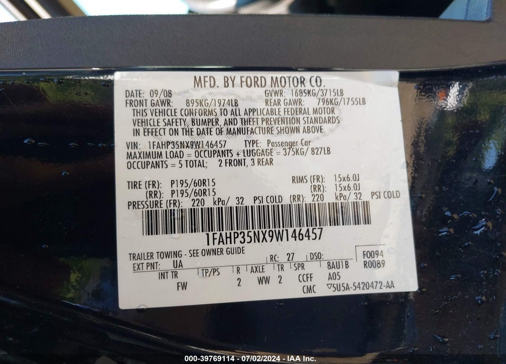 2009 FORD FOCUS SE VIN: 1FAHP35NX9W146457
