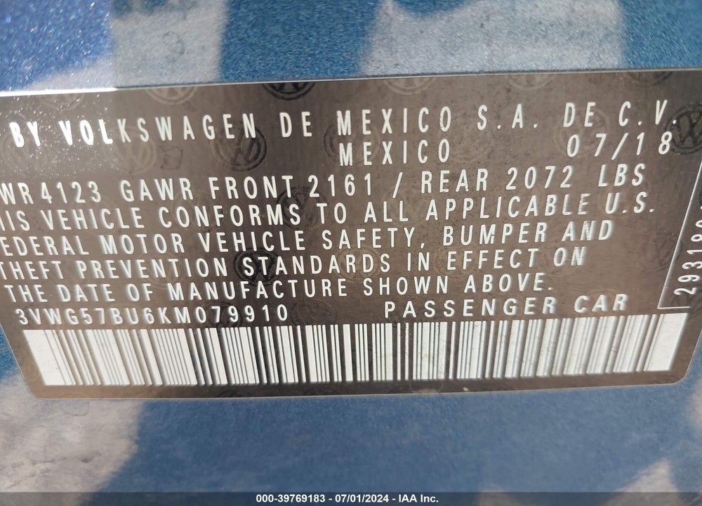 2019 VOLKSWAGEN JETTA 1.4T SEL PREMIUM VIN: 3VWG57BU6KM079910