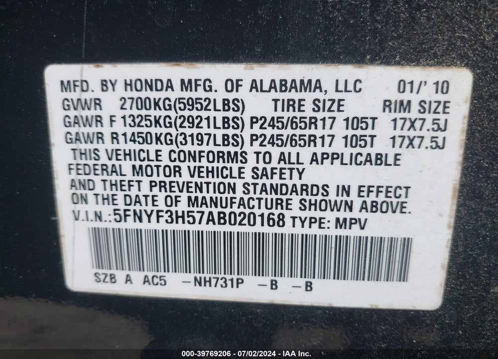 2010 HONDA PILOT EX-L VIN: 5FNYF3H57AB020168