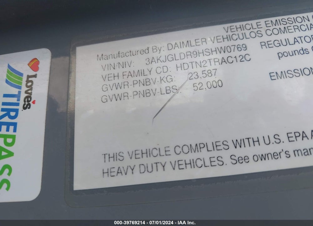 2017 FREIGHTLINER CASCADIA 125 VIN: 3AKJGLDR9HSHW0769