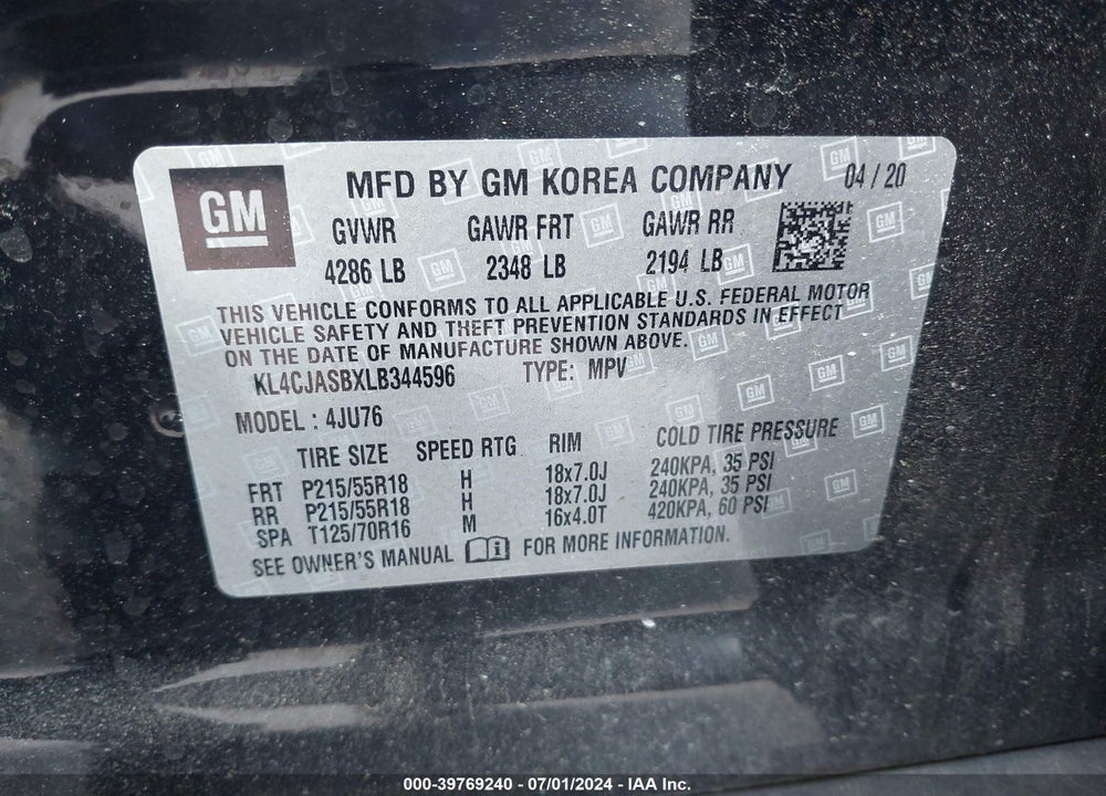 2020 BUICK ENCORE VIN: KL4CJASBXLB344596