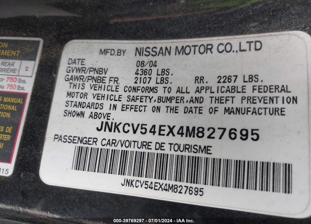 2004 INFINITI G35 VIN: JNKCV54EX4M827695