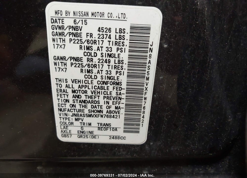 2015 NISSAN ROGUE SELECT S VIN: JN8AS5MVXFW768421