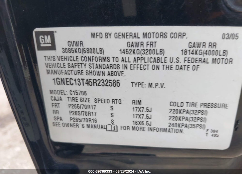 2005 CHEVROLET TAHOE LT VIN: 1GNEC13T45R232586