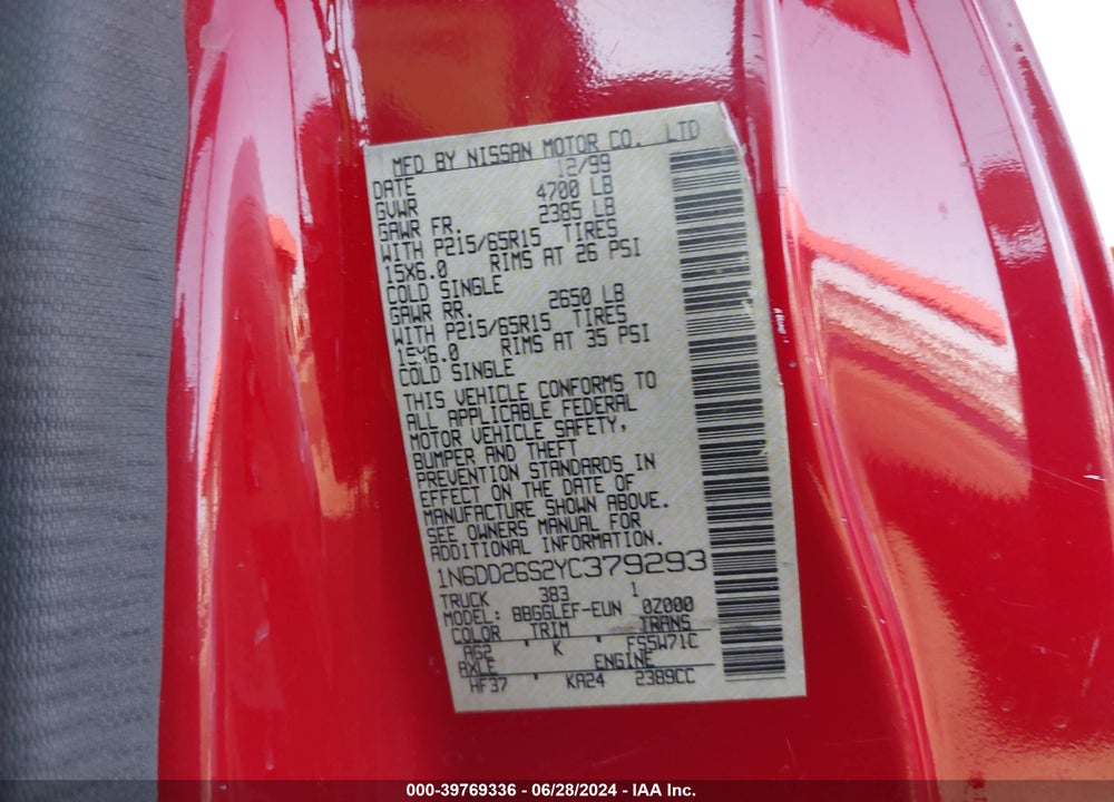 2000 NISSAN FRONTIER XE VIN: 1N6DD26S2YC379293