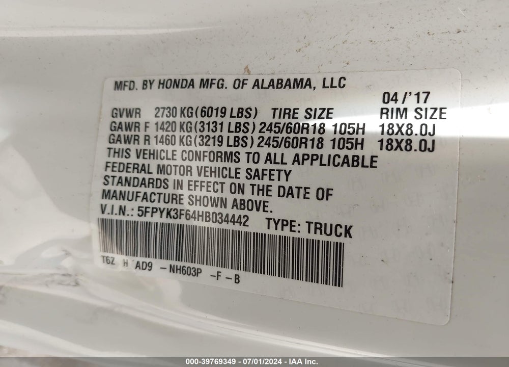 2017 HONDA RIDGELINE RTL-T VIN: 5FPYK3F64HB034442