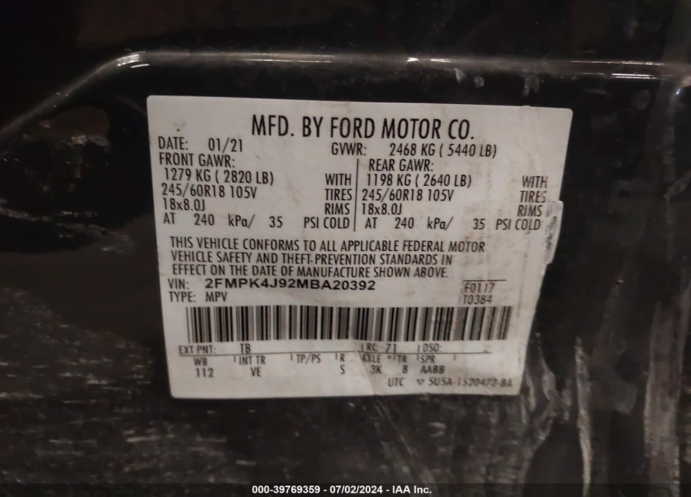 2021 FORD EDGE SEL VIN: 2FMPK4J92MBA20392