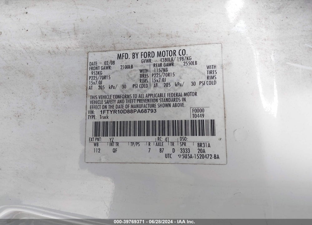 2008 FORD RANGER XL/XLT VIN: 1FTYR10D88PA68793