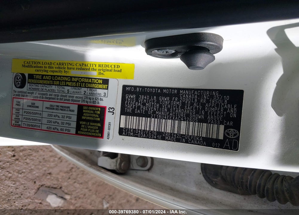 2010 TOYOTA COROLLA LE VIN: 2T1BU4EEXAC412605