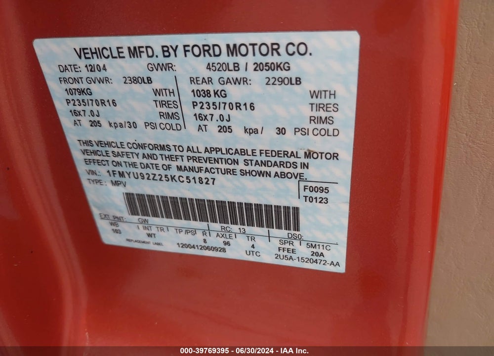 2005 FORD ESCAPE XLS VIN: 1FMYU92Z25KC51827