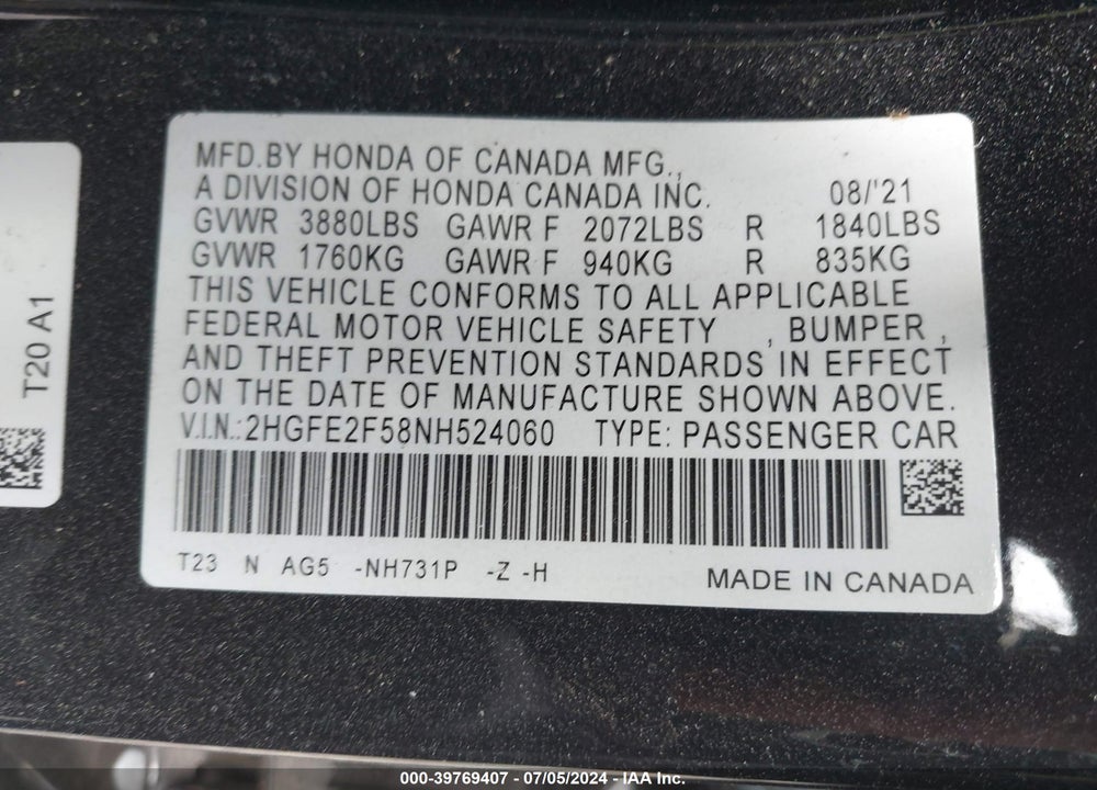 2022 HONDA CIVIC SPORT VIN: 2HGFE2F58NH524060